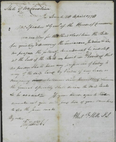 1778 House Bill For Quieting And Securing The Tuscarora Indians And 